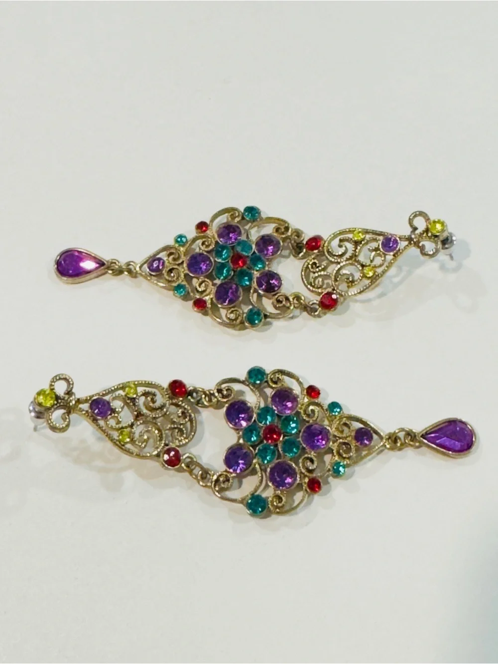 Gold Tone Filigree Chandelier Earrings Purple Teal Rhinestones Boho Statement